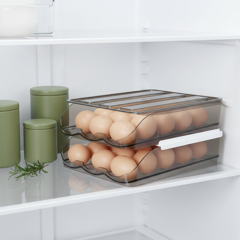 Egg storage box styled in a modern organized kitchen fridge