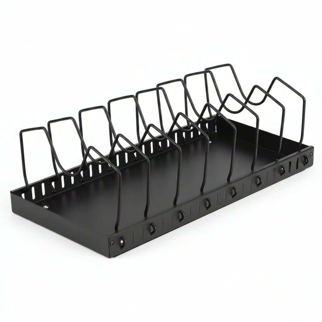 Metal pull-out pot and pan organizer with 8 adjustable dividers, empty, on white background