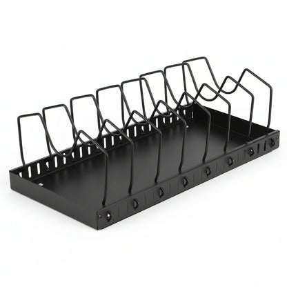 Metal pull-out pot and pan organizer with 8 adjustable dividers, empty, on white background
