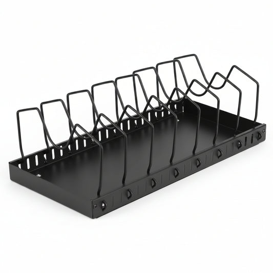 Metal pull-out pot and pan organizer with 8 adjustable dividers, empty, on white background
