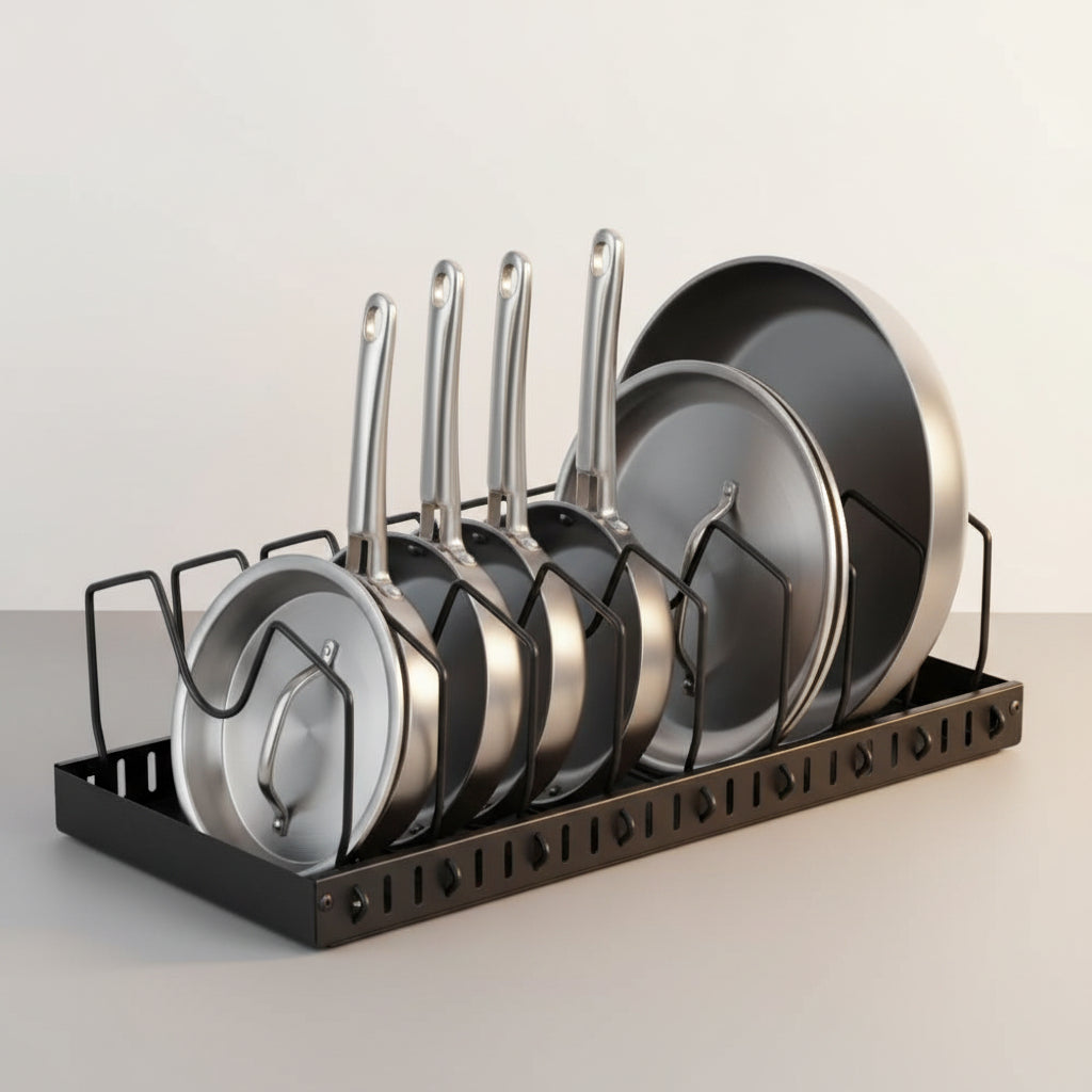 Stainless pans stored upright and separated in the organizer's divided compartments