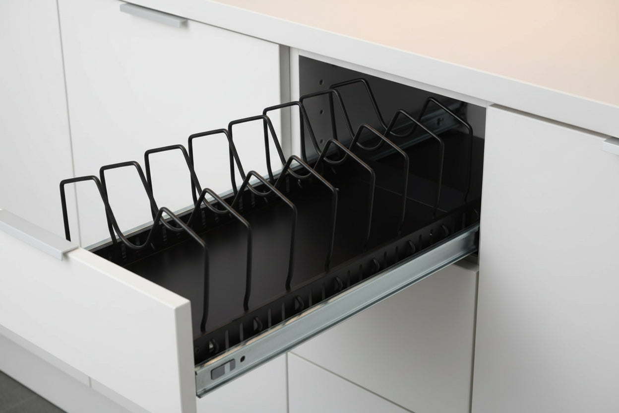 Pull-out cookware organizer extended forward from under a white kitchen cabinet