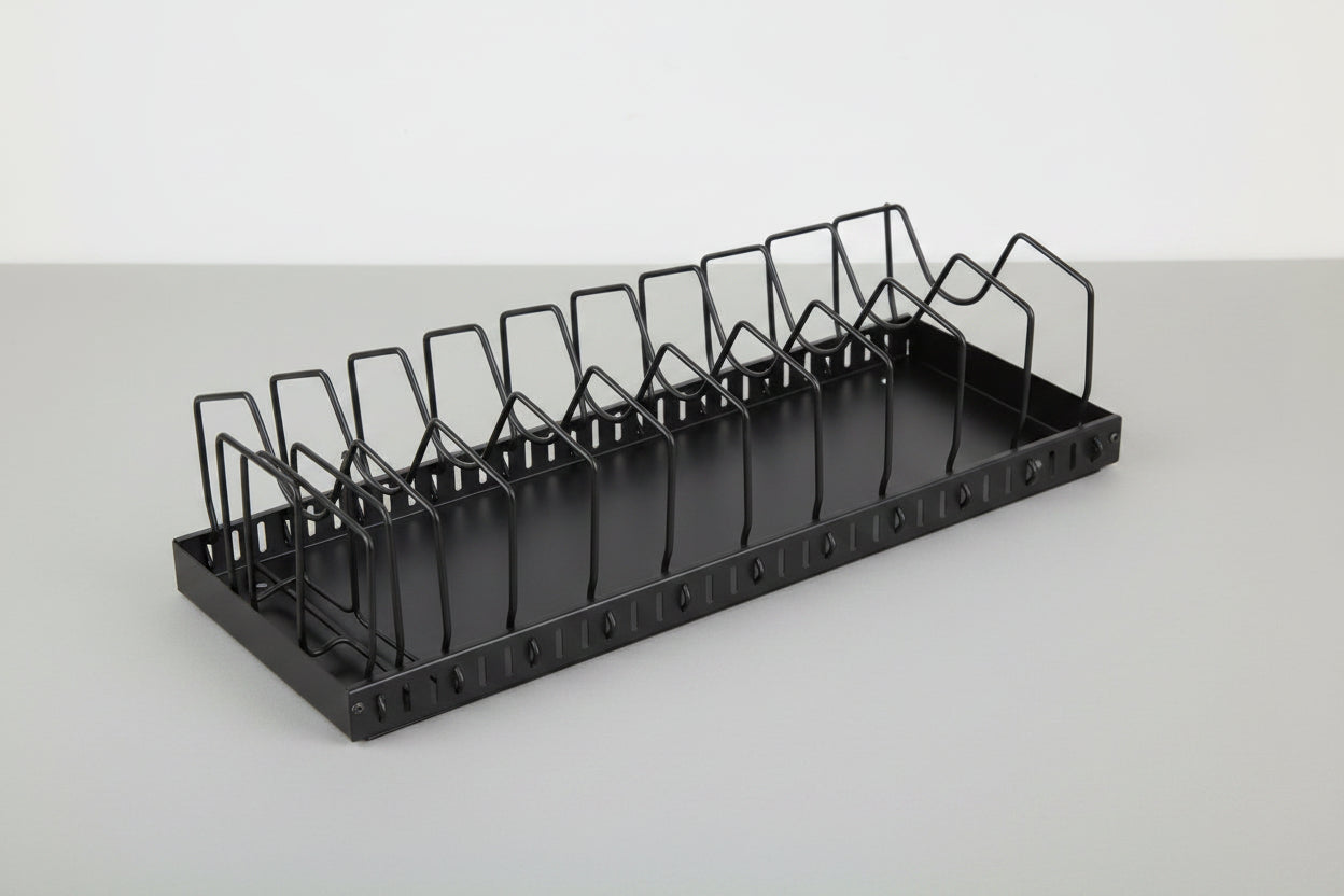 Pot and pan organizer with dividers set at wide and narrow spacing to show adjustability