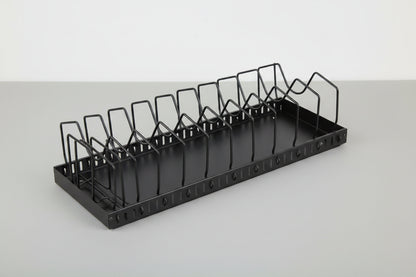 Pot and pan organizer with dividers set at wide and narrow spacing to show adjustability