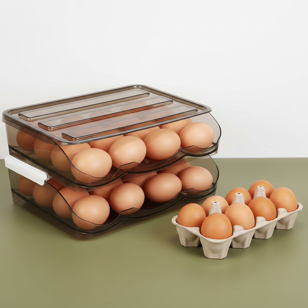 Double-layer egg storage box shown next to a hand for size reference