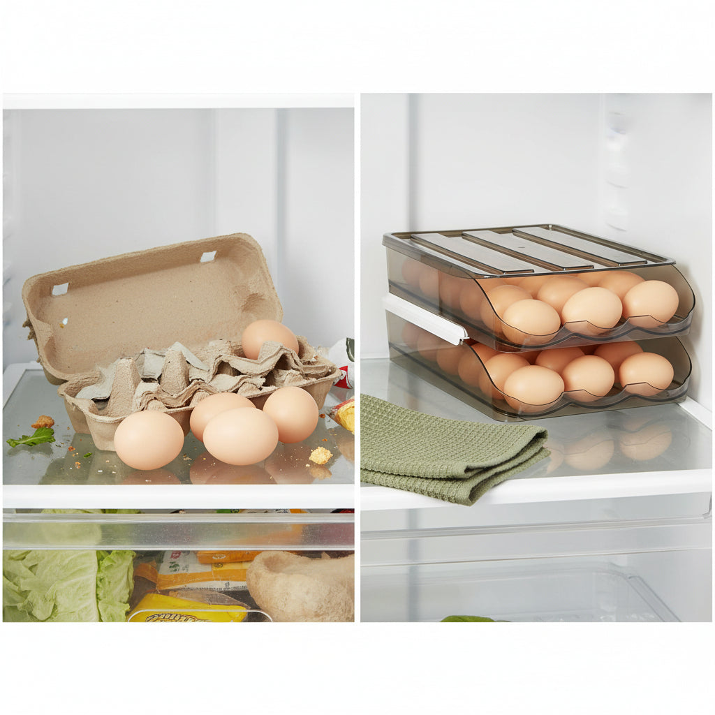 Cluttered loose eggs versus organized double-layer egg storage box
