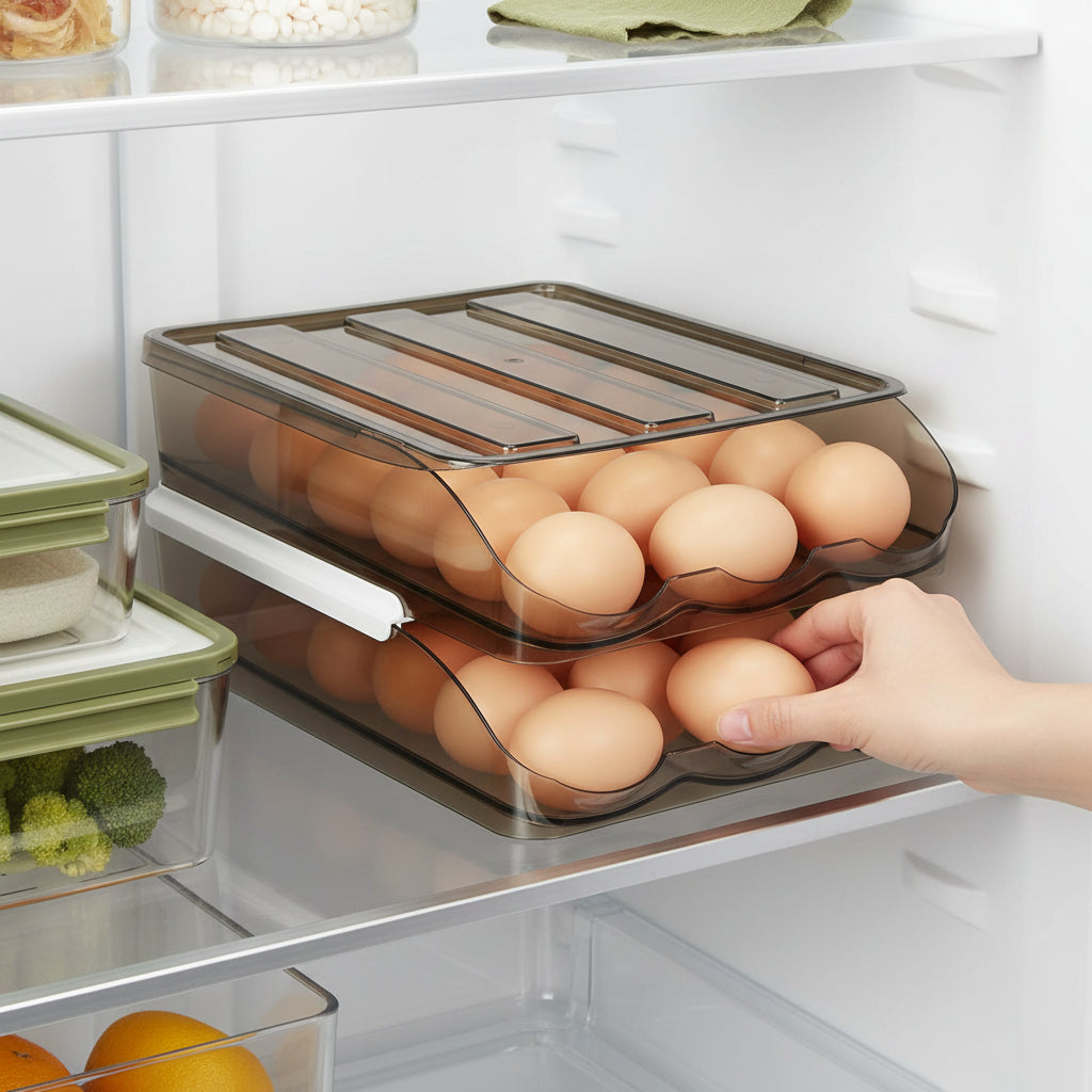 Hand removing an egg from a double-layer egg organizer inside a refrigerator