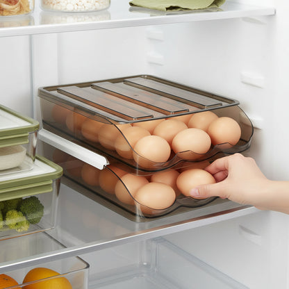 Hand removing an egg from a double-layer egg organizer inside a refrigerator