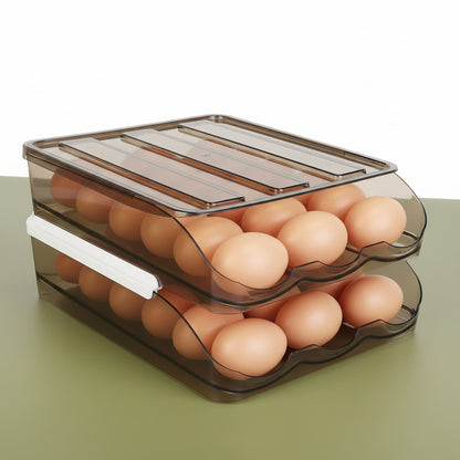 Close-up of sloped egg tray and lid on double-layer storage box