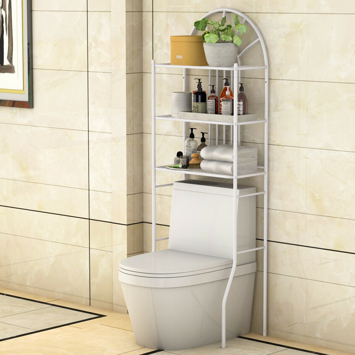 Close view of the open-slat shelf and white powder-coated iron frame that lets water drain through