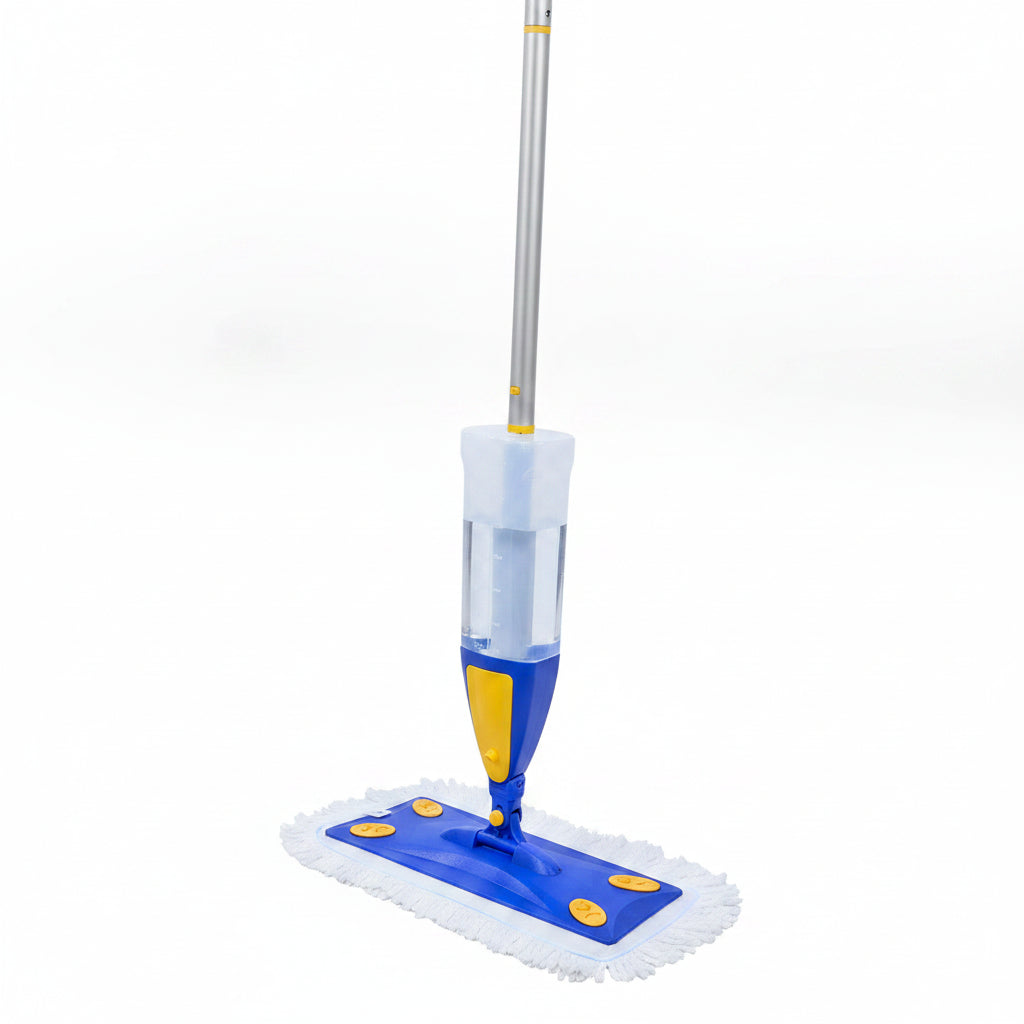 Close view of spray mop trigger handle and clear tank filled with water showing level markings