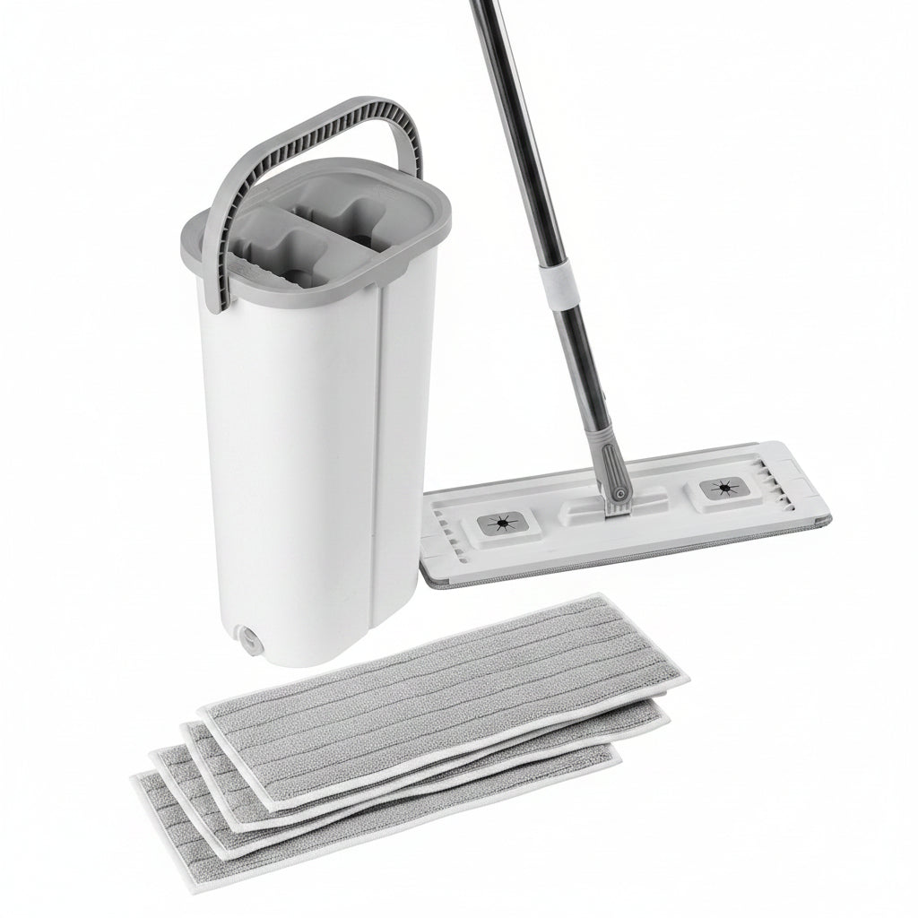 Flat mop and bucket set with three grey microfiber pads on white background