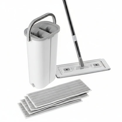 Flat mop and bucket set with three grey microfiber pads on white background
