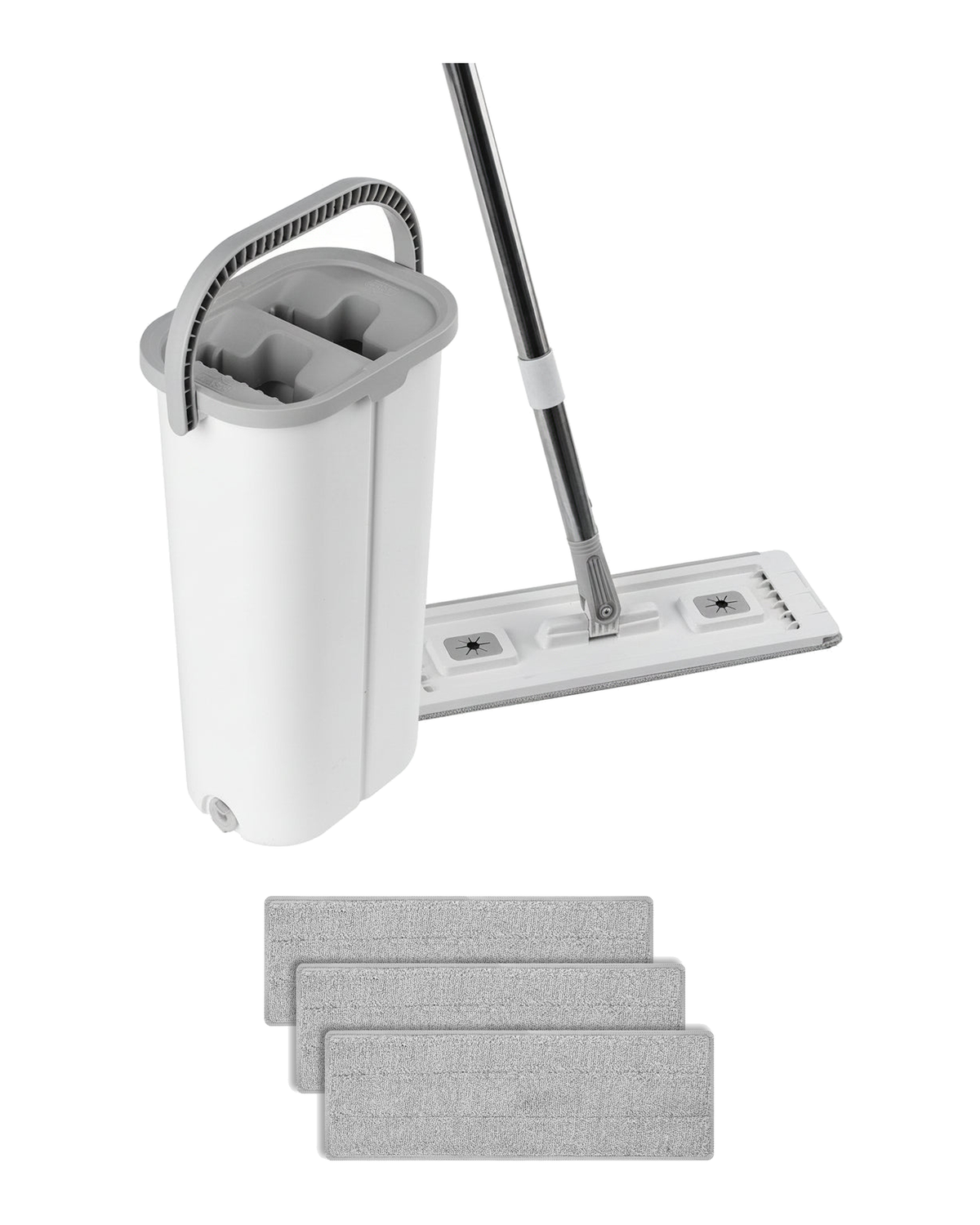Claryfy flat mop and bucket set with wringer and three grey washable microfiber pads on a white background