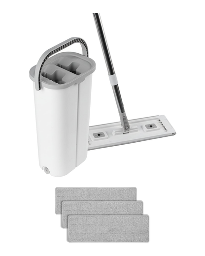 Claryfy flat mop and bucket set with wringer and three grey washable microfiber pads on a white background