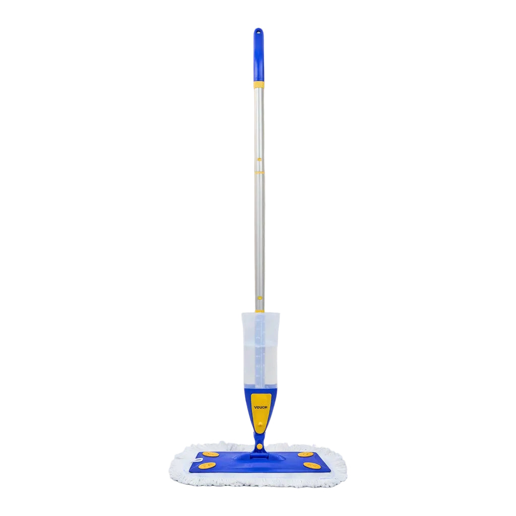 Blue and white refillable spray mop with clear 27oz water tank, full length on gray studio background