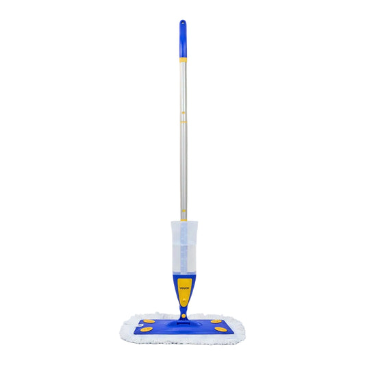 Blue and white refillable spray mop with clear 27oz water tank, full length on gray studio background