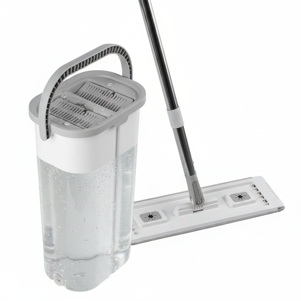 Flat mop head lowered into the wet chamber against the scraper plate with water in the bucket