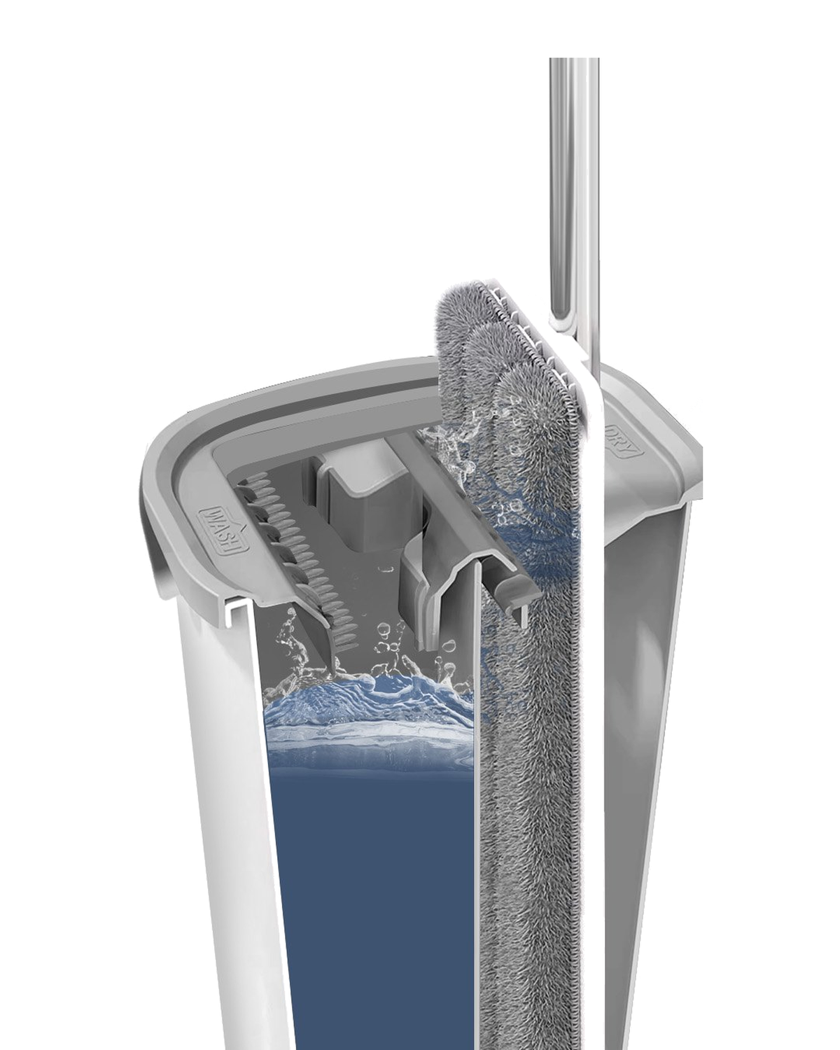 Cut-away of the dry chamber wringer squeezing water out of the flat mop pad