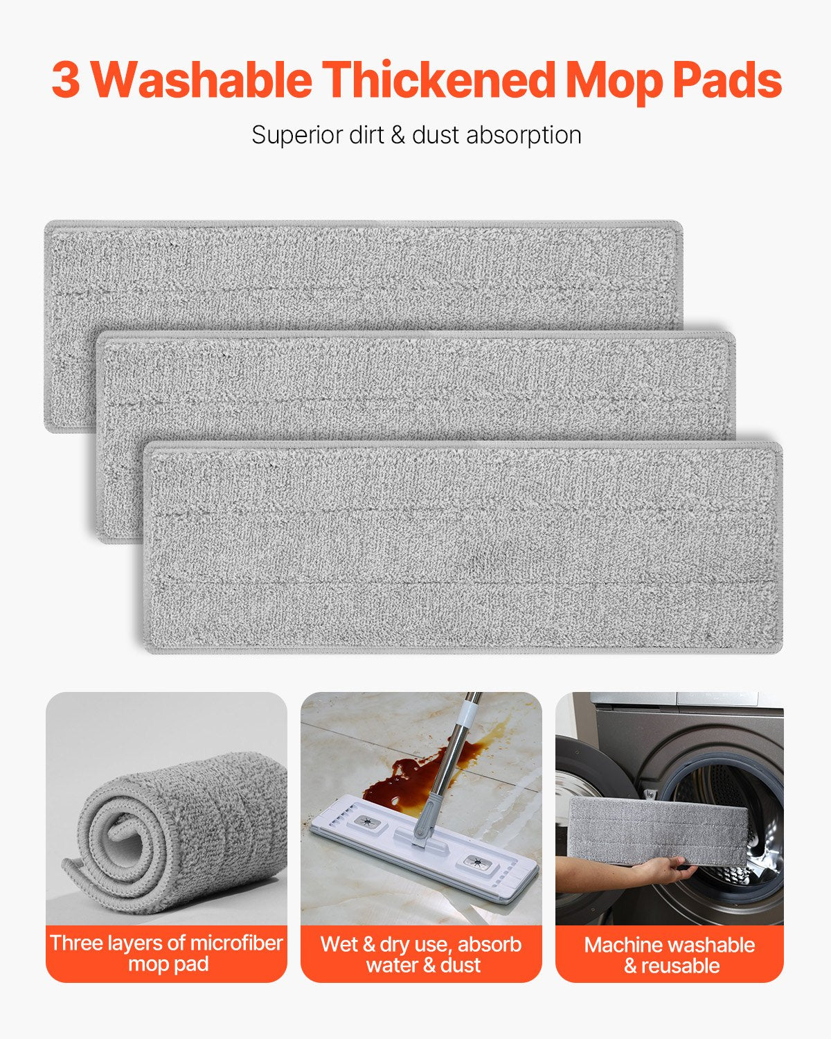 Three grey three-layer microfiber mop pads with white bound edges stacked flat