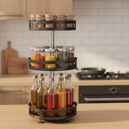 3-Tier Rotating Spice Rack Organizer – Carbon Steel 360° Turntable, Countertop Kitchen Storage