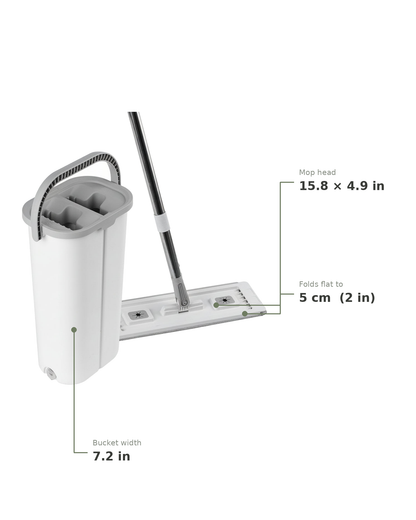 Flat mop and bucket set labelled with the mop head at 15.8 by 4.9 inches, 5 cm folded thickness, and the 7.2 inch bucket width