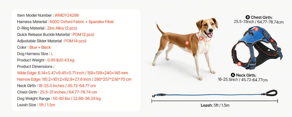 Dog harness with leash included full set view